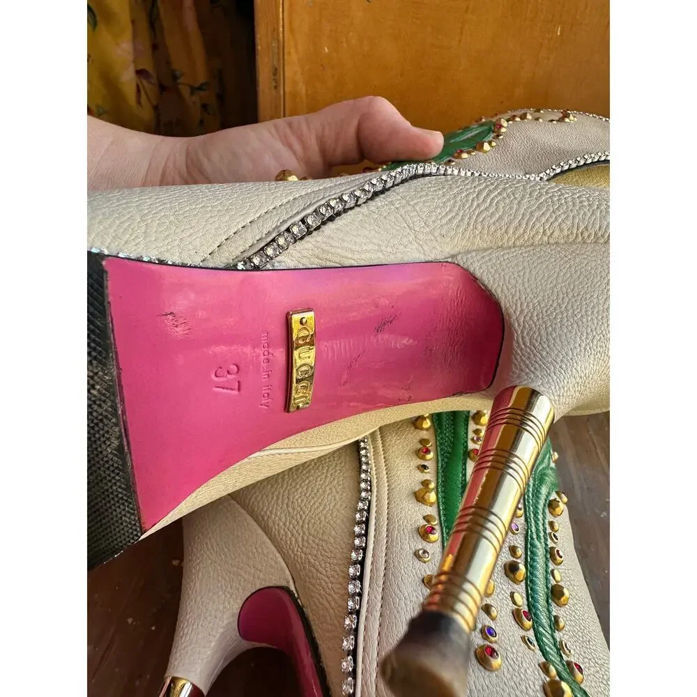 GUCCI Ivory Leather Floral ‘Fosca’ 2017 Pink Bottom Runway Booties Size 37 - Picture 16 of 16